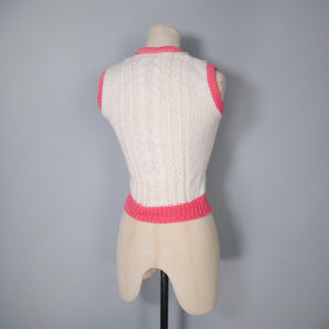 HANDKNITTED SOFT CREAM AND PINK CABLE KNIT TANK TOP / SLEEVELESS JUMPER - XS-S