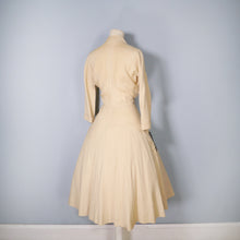 Load image into Gallery viewer, 40s BEIGE SHIRT DRESS WITH BLACK SOUTACHE POCKETS AND FULL SKIRT - XS