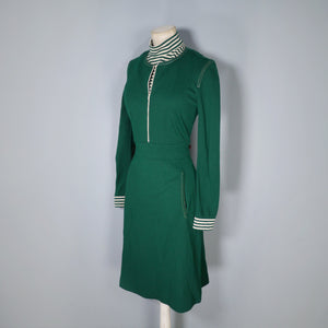70s SPORTY GREEN DRESS WITH STRIPE TRIM AND ROLL NECK ZIP FRONT - XS