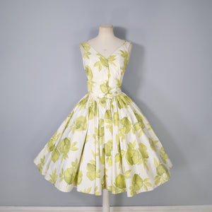 FREDERICA STARKE PALE GREEN FLORAL PRINT FULL SKIRTED COTTON DRESS - S