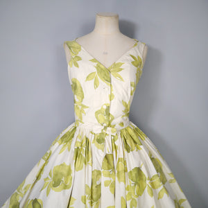 FREDERICA STARKE PALE GREEN FLORAL PRINT FULL SKIRTED COTTON DRESS - S