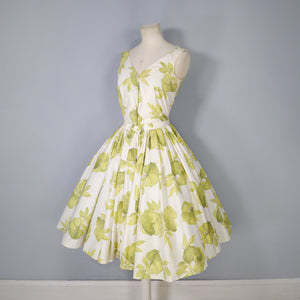 FREDERICA STARKE PALE GREEN FLORAL PRINT FULL SKIRTED COTTON DRESS - S