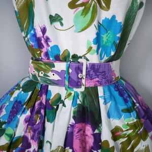50s 60s COLOURFUL FLORAL COTTON DAY DRESS WITH FULL SKIRT AND BELT - L / volup