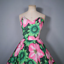 Load image into Gallery viewer, 80s BOLD HUGE GREEN AND PINK FLORAL STRAPLESS FULL SKIRTED DRESS - M