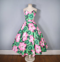 Load image into Gallery viewer, 80s BOLD HUGE GREEN AND PINK FLORAL STRAPLESS FULL SKIRTED DRESS - M