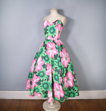 Load image into Gallery viewer, 80s BOLD HUGE GREEN AND PINK FLORAL STRAPLESS FULL SKIRTED DRESS - M