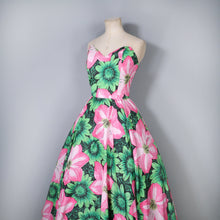 Load image into Gallery viewer, 80s BOLD HUGE GREEN AND PINK FLORAL STRAPLESS FULL SKIRTED DRESS - M