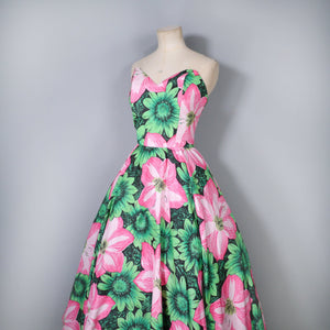 80s BOLD HUGE GREEN AND PINK FLORAL STRAPLESS FULL SKIRTED DRESS - M