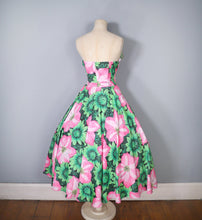 Load image into Gallery viewer, 80s BOLD HUGE GREEN AND PINK FLORAL STRAPLESS FULL SKIRTED DRESS - M