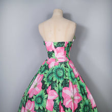 Load image into Gallery viewer, 80s BOLD HUGE GREEN AND PINK FLORAL STRAPLESS FULL SKIRTED DRESS - M