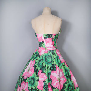 80s BOLD HUGE GREEN AND PINK FLORAL STRAPLESS FULL SKIRTED DRESS - M