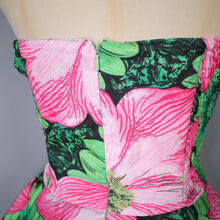 Load image into Gallery viewer, 80s BOLD HUGE GREEN AND PINK FLORAL STRAPLESS FULL SKIRTED DRESS - M