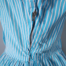 Load image into Gallery viewer, 50s LIGHT BLUE AND WHITE PIN STRIPE FULL SKIRTED COTTON SHIRT DRESS - S