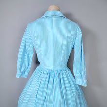 Load image into Gallery viewer, 50s LIGHT BLUE AND WHITE PIN STRIPE FULL SKIRTED COTTON SHIRT DRESS - S