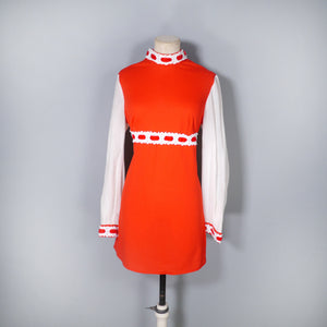 60s RED MINI DRESS WITH WHITE LACE AND VELVET TRIM - M