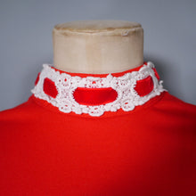 Load image into Gallery viewer, 60s RED MINI DRESS WITH WHITE LACE AND VELVET TRIM - M