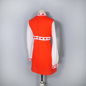 60s RED MINI DRESS WITH WHITE LACE AND VELVET TRIM - M