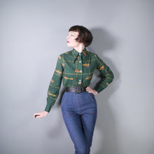 Load image into Gallery viewer, 70s BRUTUS DARK GREEN OLD AVIATION AIRPLANE PRINT COTTON SHIRT - M