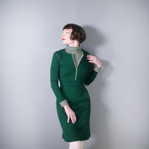 70s SPORTY GREEN DRESS WITH STRIPE TRIM AND ROLL NECK ZIP FRONT - XS