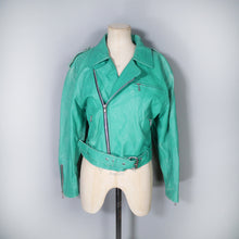 Load image into Gallery viewer, 80s GREEN CROPPED LEATHER BIKER JACKET WITH SELF BELT - M-L