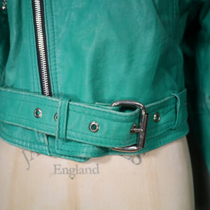 80s GREEN CROPPED LEATHER BIKER JACKET WITH SELF BELT - M-L