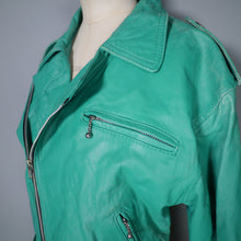 Load image into Gallery viewer, 80s GREEN CROPPED LEATHER BIKER JACKET WITH SELF BELT - M-L