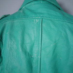 80s GREEN CROPPED LEATHER BIKER JACKET WITH SELF BELT - M-L