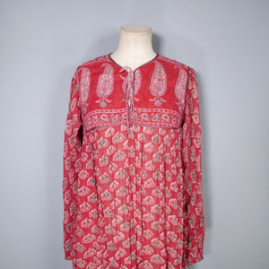 70s RASPBERRY RED LIGHT GAUZE INDIAN COTTON TUNIC DRESS - S