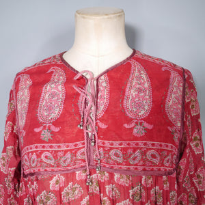 70s RASPBERRY RED LIGHT GAUZE INDIAN COTTON TUNIC DRESS - S