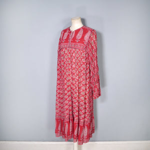 70s RASPBERRY RED LIGHT GAUZE INDIAN COTTON TUNIC DRESS - S