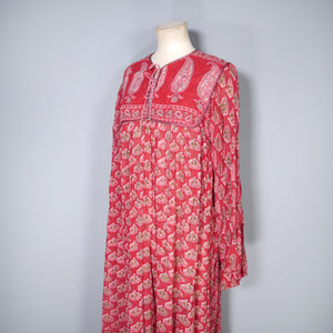 70s RASPBERRY RED LIGHT GAUZE INDIAN COTTON TUNIC DRESS - S