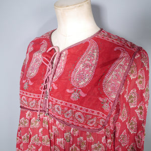 70s RASPBERRY RED LIGHT GAUZE INDIAN COTTON TUNIC DRESS - S