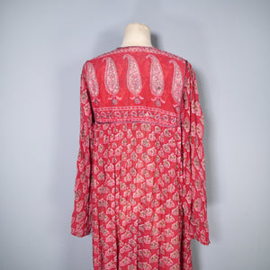 70s RASPBERRY RED LIGHT GAUZE INDIAN COTTON TUNIC DRESS - S