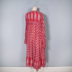 70s RASPBERRY RED LIGHT GAUZE INDIAN COTTON TUNIC DRESS - S