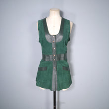 Load image into Gallery viewer, 60s 70s 2 PIECE LEATHER AND SUEDE GREEN WAISTCOAT DRESS AND SKIRT SET - M