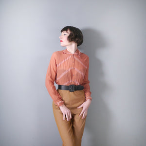 RUST COLOURED SHEER 40s SHIRT / BLOUSE WITH LATTICE STITCHING AND LACE TRIMS - S