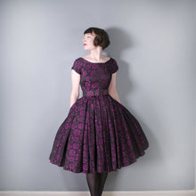 Load image into Gallery viewer, 50s HORROCKSES BLACK AND PURPLE FLORAL FULL SKIRTED PARTY DRESS - XS
