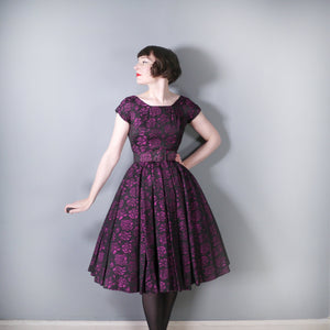 50s HORROCKSES BLACK AND PURPLE FLORAL FULL SKIRTED PARTY DRESS - XS