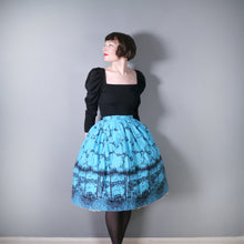 Load image into Gallery viewer, 50s 60s BLUE AND BLACK NOVELTY BORDER VENICE CITYSCAPE PRINT FULL SKIRT - 24-25&quot;