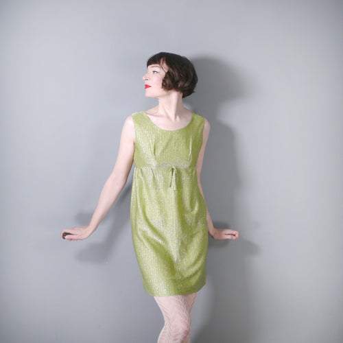 60s PALE GREEN SHIMMERING LUREX EMPIRE MINI PARTY DRESS - M