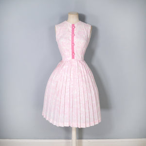 60s PARIS NOVELTY PASTEL PINK AND CREAM PLEATED DRESS - XS