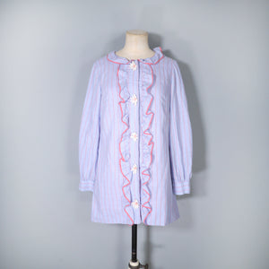 60s YOUNG EDWARDIANS PASTEL BLUE STRIPED SHIRT MINI DRESS WITH DAISY LACE BUTTONS - XS