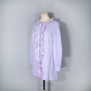 60s YOUNG EDWARDIANS PASTEL BLUE STRIPED SHIRT MINI DRESS WITH DAISY LACE BUTTONS - XS