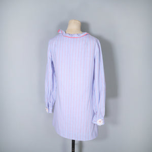 60s YOUNG EDWARDIANS PASTEL BLUE STRIPED SHIRT MINI DRESS WITH DAISY LACE BUTTONS - XS