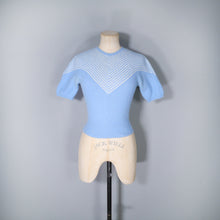 Load image into Gallery viewer, 50s 60s LIGHT BLUE AND WHITE CHEVRON HANDKNITTED CROPPED JUMPER - XS
