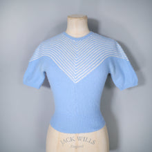 Load image into Gallery viewer, 50s 60s LIGHT BLUE AND WHITE CHEVRON HANDKNITTED CROPPED JUMPER - XS