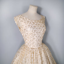 Load image into Gallery viewer, 50s GOLD LACE OVERLAY CREAM FULL SKIRTED PARTY DRESS WITH SCALLOPED NECK - XS