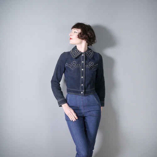 70s DARK NAVY SILVER STUDDED CROPPED SUEDE JACKET - S
