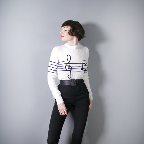 80s MUSICAL NOTES PATTERN BLACK AND WHITE JUMPER - M-L