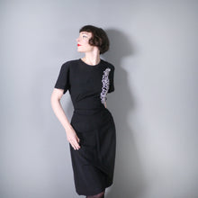 Load image into Gallery viewer, 40s BLACK RAYON DRESS WITH WHITE SEQUIN FEATHER EMBELLISHMENT - M